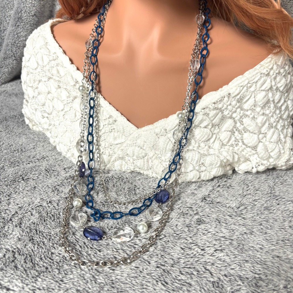 NY Statement Necklace Blue Silver Tone Chunky Preppy Indie Sleaze Grunge 21886
